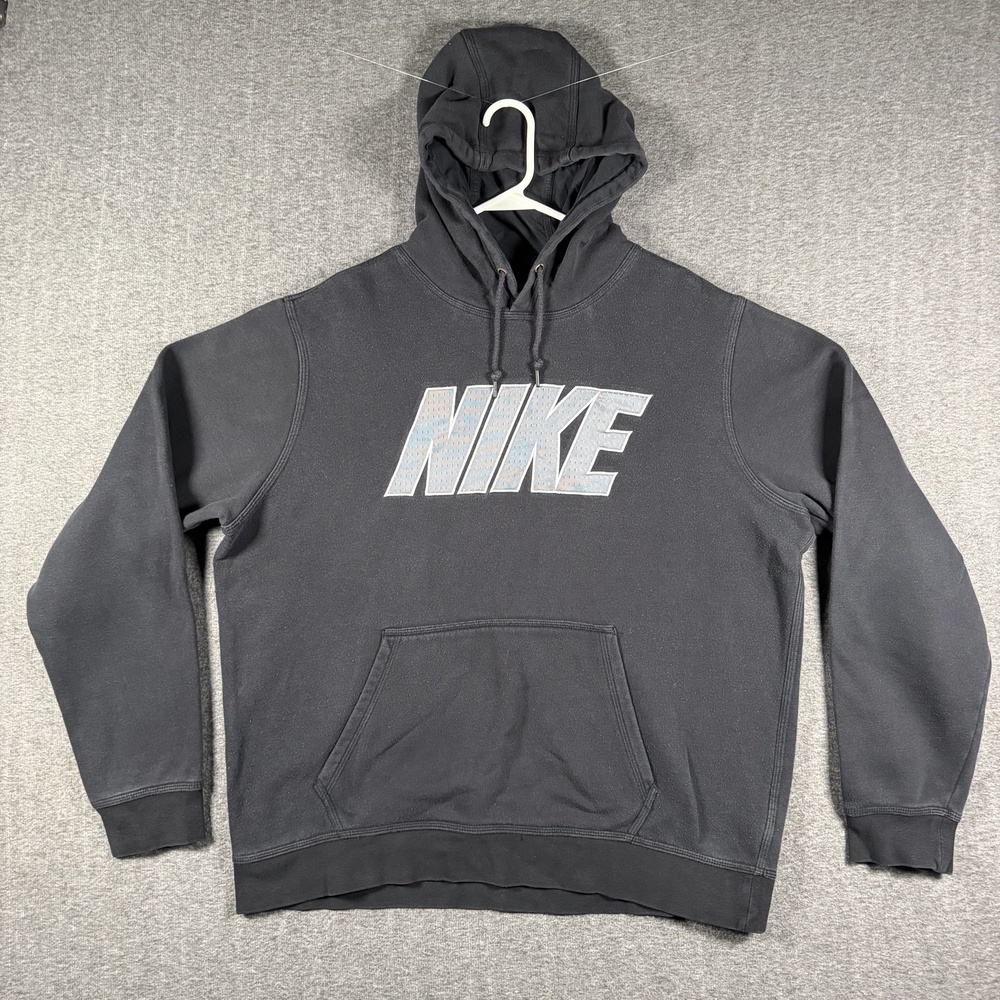 Vintage Y2K Nike Hoodie Mens XL Black Gray Mesh Spell Out Pullover Sweatshirt